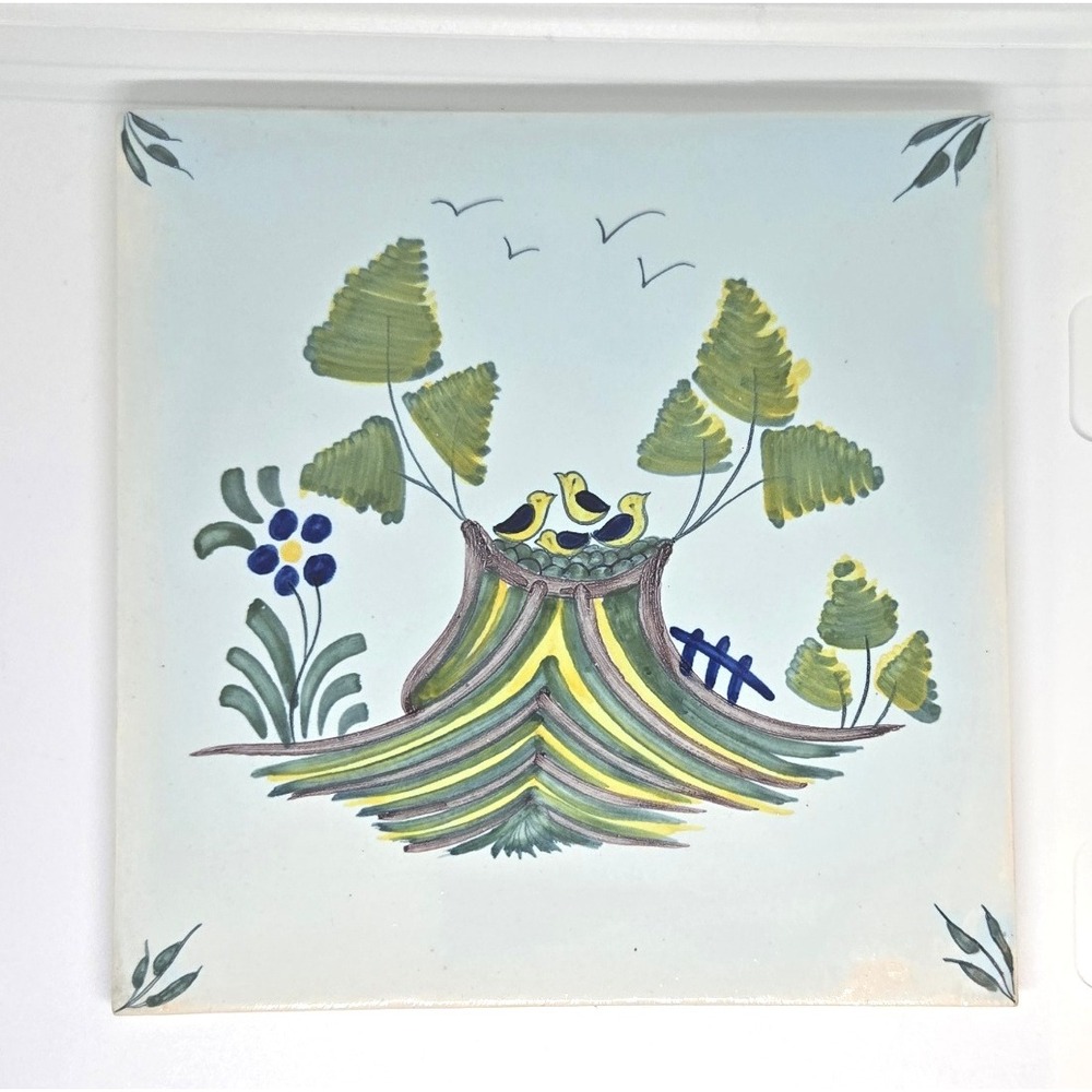 Vintage‎ Geo Martel Tile w/ 4 Yellow Birds, Made in Desvres, France